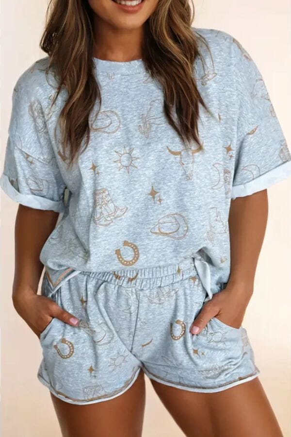 Western Fashion Printed T Shirt Elastic Waist Shorts Set Outfit sets LA Society 