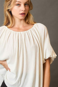 White Scoop Neck Top with Balloon Sleeves Shirts & Tops Umgee 