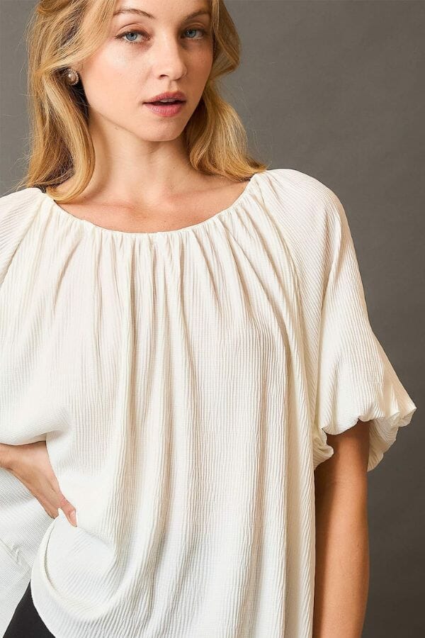 White Scoop Neck Top with Balloon Sleeves Shirts & Tops Umgee 
