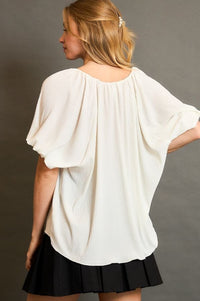 White Scoop Neck Top with Balloon Sleeves Shirts & Tops Umgee 