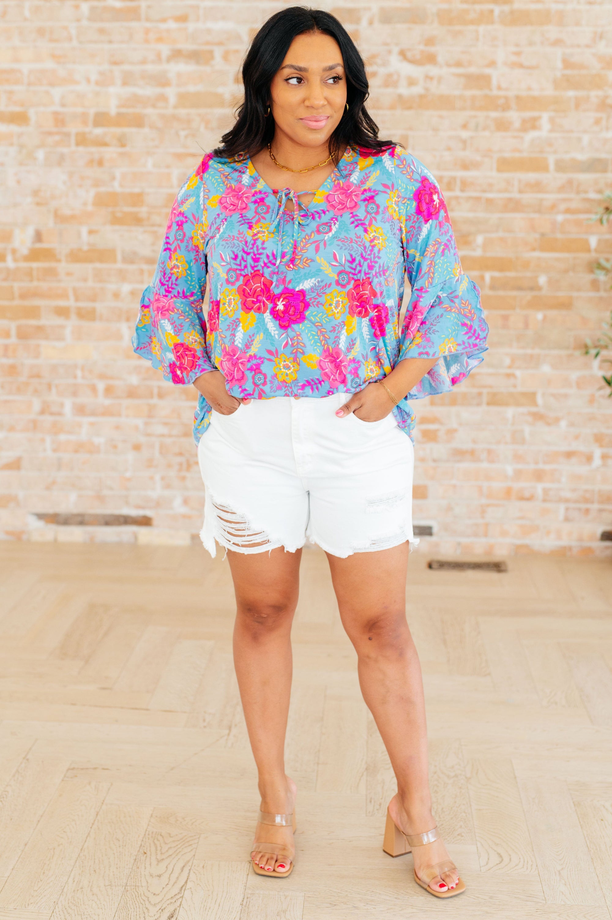 Willow Bell Sleeve Top in Bright Blue Floral Tops Ave Shops 