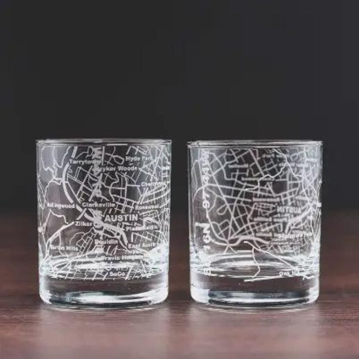 Austin Etched Street Grid Whiskey Glasses - Set of 2 whiskey glasses Greenline Goods 