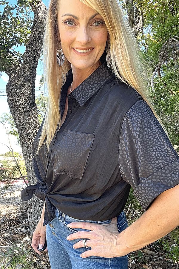 Black Animal Jacquard Contrast Button Down Top Shirts & Tops Umgee 