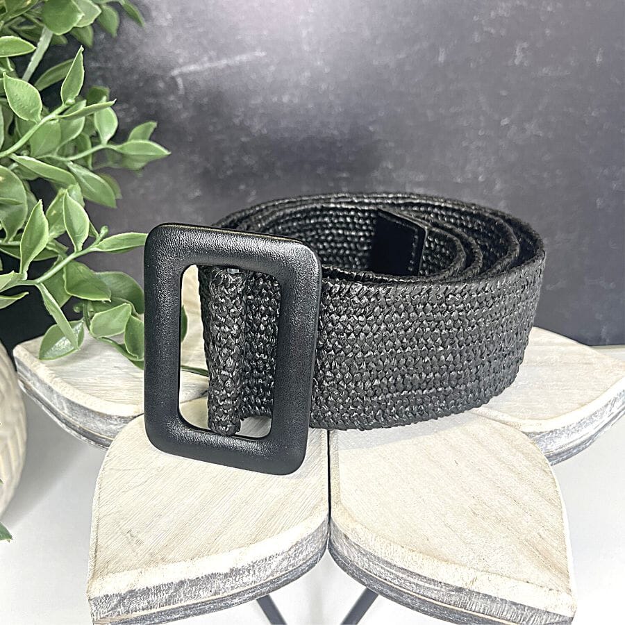 Black Elastic Straw Belt With Faux Leather Buckle belt Judson & Co 