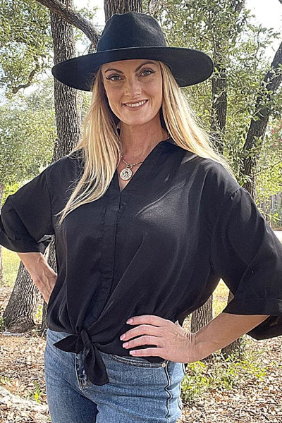 Black Satin Collard Top with Front Tie Shirts & Tops Umgee