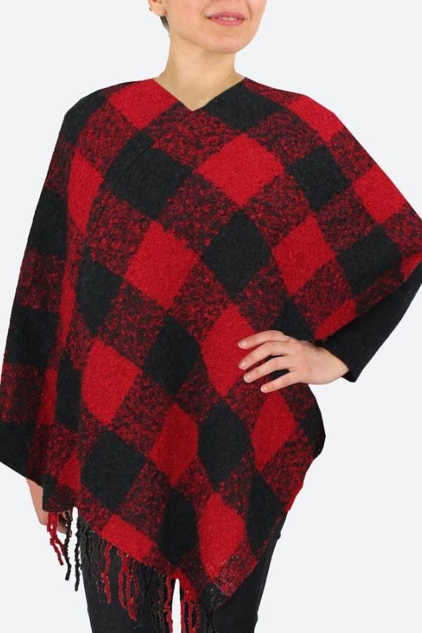 Buffalo Check Poncho Featuring Fringe Tassel Trim Poncho Judson & Co 
