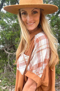 Camel Linen Plaid Button Down Shirt with Unfinished Frayed Hem Shirts & Tops Umgee 