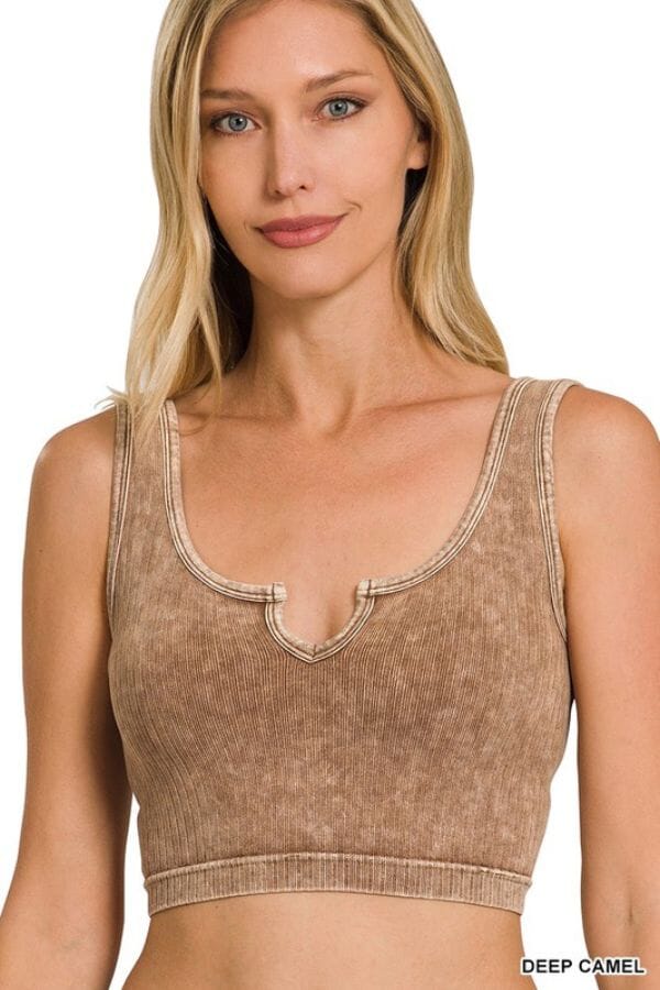 Deep Camel Washed Ribbed Keyhole Cutout Bralette or Cropped Tank Top Bralette Zenana S/M 