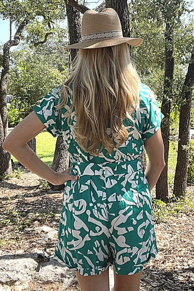 Green Abstract Collared Romper Romper Umgee