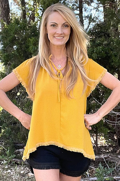 Honey Colored Split Neck Top Shirts & Tops Umgee