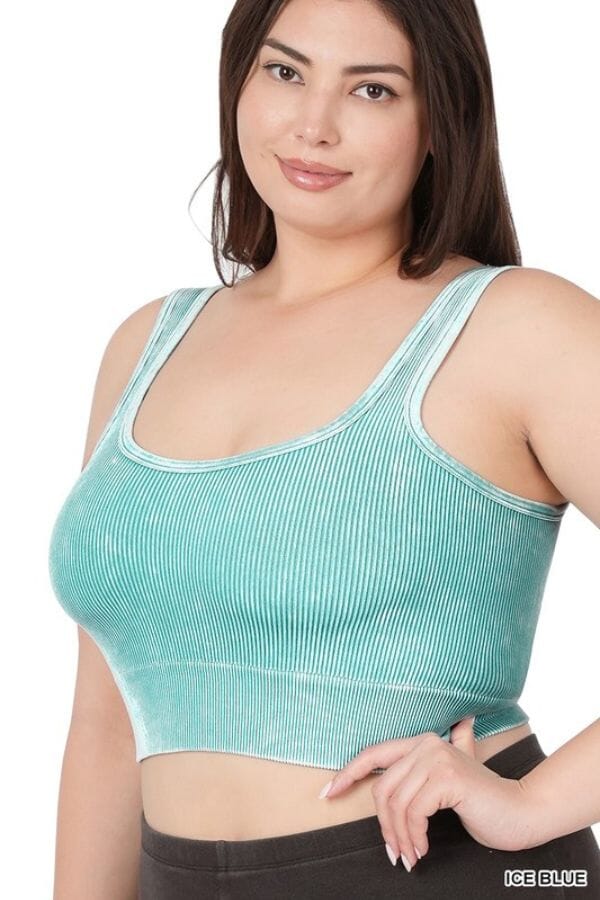 Ice Blue Plus Washed Ribbed Square Neck Bralette or Cropped Tank Top Bralette Zenana 1X/2X 