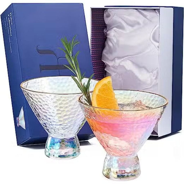 Iridescent Hammered Stemless Glasses - Set of 2, Gold Rim 8oz martini glasses The Wine Savant 