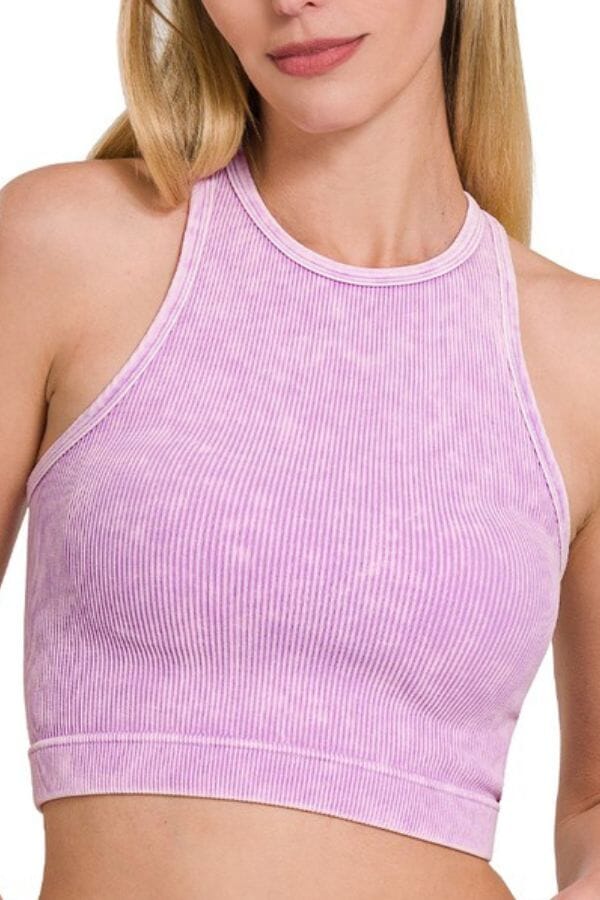Lavender Washed Ribbed Seamless Cropped Cami Top Bralette Zenana 