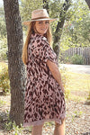 Lt Mauve Leopard Fringe-Hem Collared Short-Sleeve Dress Dresses Umgee