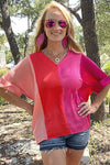 Magenta Satin Colorblock Short Folded Sleeve Top Shirts & Tops Umgee