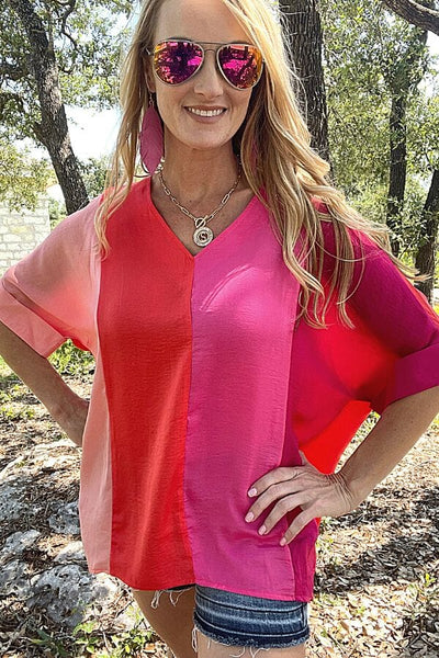 Magenta Satin Colorblock Short Folded Sleeve Top Shirts & Tops Umgee