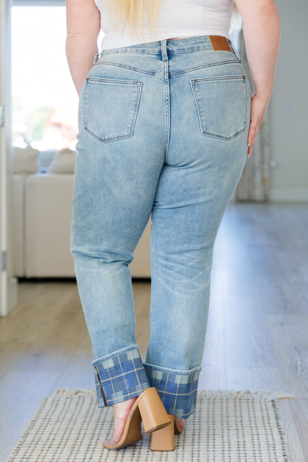 Miranda High Rise Plaid Cuff Vintage Straight Jeans Womens Ave Shops 