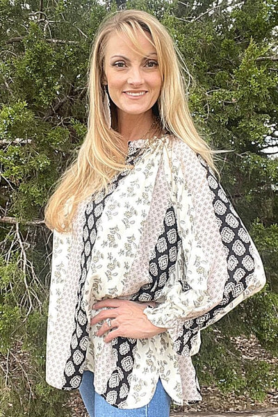 Mixed Print Top with Ruffle V-Neck & High Low Hem Top Shirts & Tops Umgee
