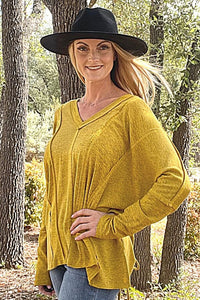 Mustard Two Toned Fleece Knit Top Shirts & Tops Umgee 