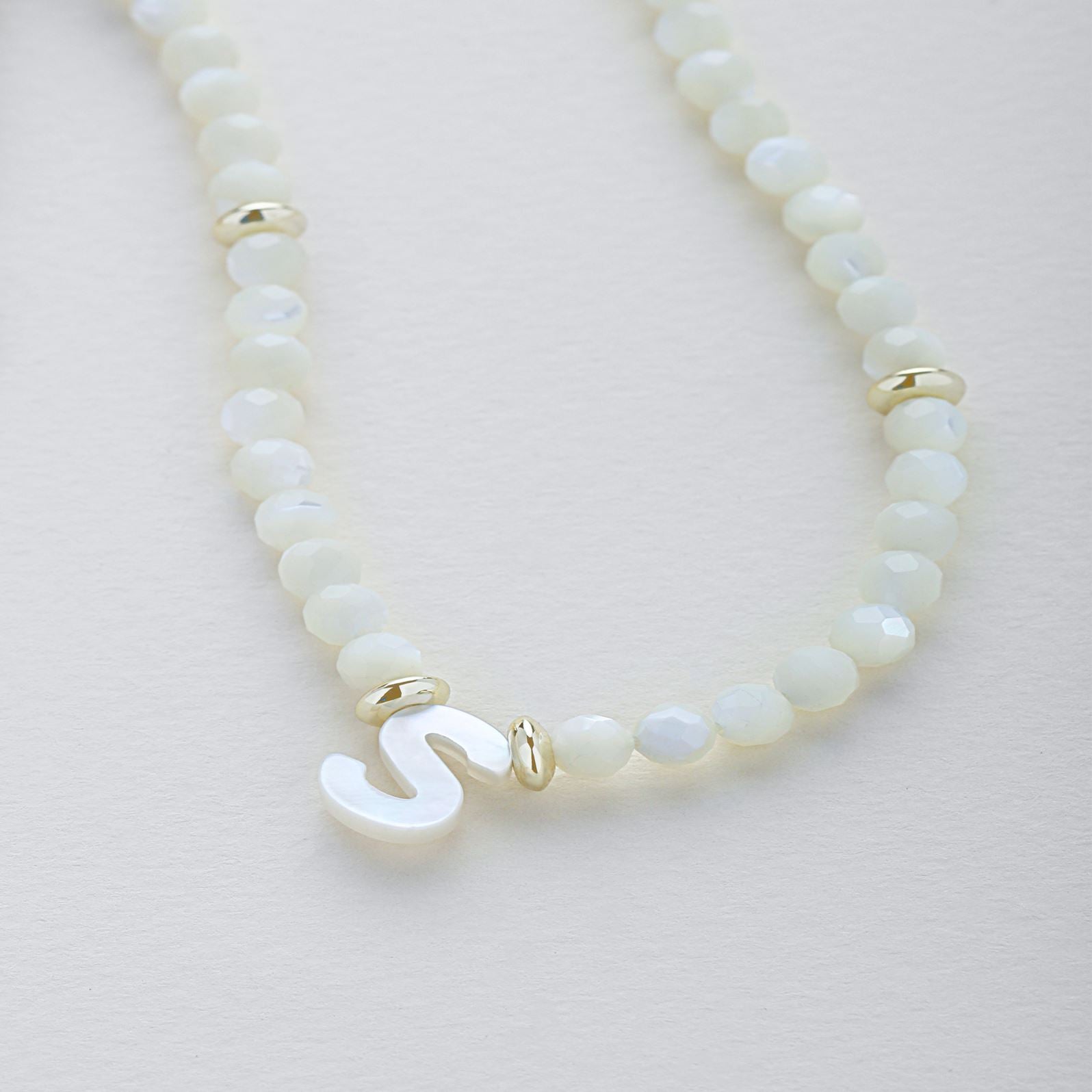 Natalie Wood Stone Initial Necklace in Ivory Pearl, Gold Natalie Wood Designs 