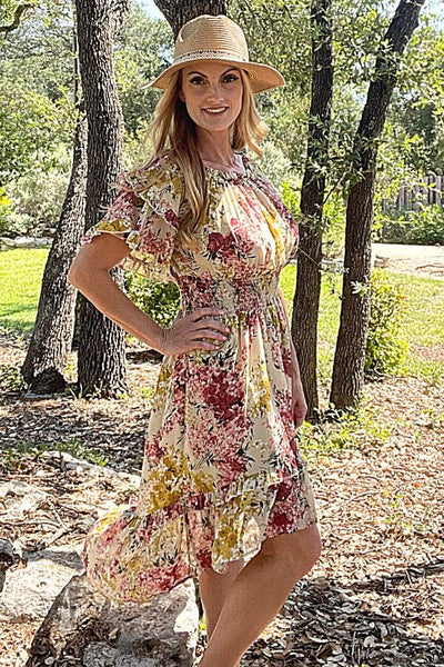 Natural Sheer Floral Print Off Shoulder Midi Dress Dress Umgee