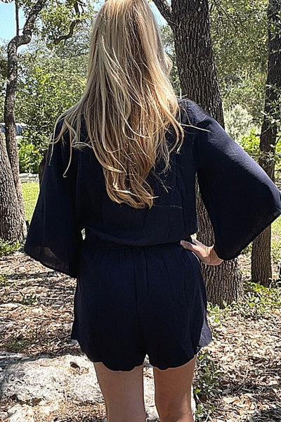 Navy Bell Sleeve Scalloped V-Crossbody Short Romper Romper Umgee