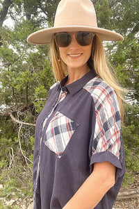 Navy Linen Plaid Button Down Shirt with Unfinished Frayed Hem Shirts & Tops Umgee 