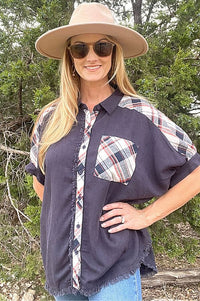 Navy Linen Plaid Button Down Shirt with Unfinished Frayed Hem Shirts & Tops Umgee 