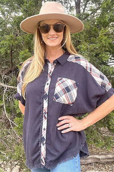 Navy Linen Plaid Button Down Shirt with Unfinished Frayed Hem Shirts & Tops Umgee