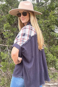 Navy Linen Plaid Button Down Shirt with Unfinished Frayed Hem Shirts & Tops Umgee 