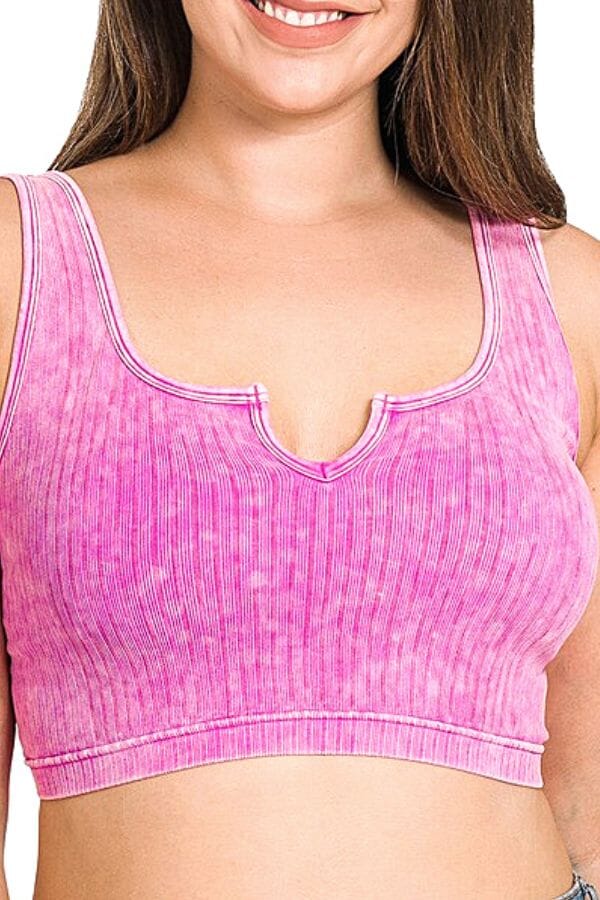 Neon Hot Pink Washed Ribbed Keyhole Cutout Bralette or Cropped Tank Top Bralette Zenana 