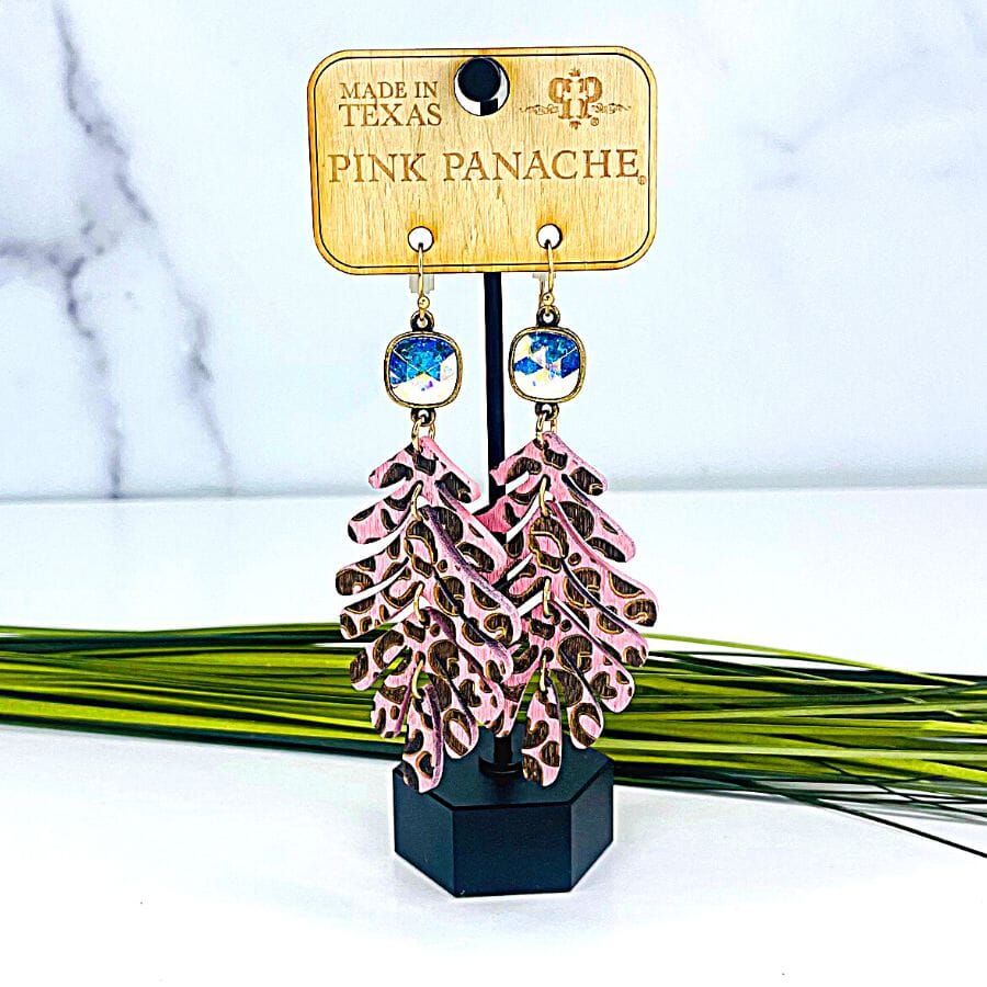 Pink Panache 10mm Bronze/ AB Cushion Cut Connector on Wood Pink Animal Print Leaf Earring Earrings PINK PANACHE 