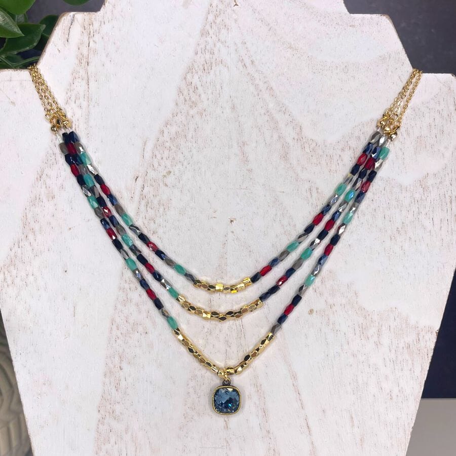 Pink Panache Denim Blue with Triple Strand Dark Multi Color Beaded Necklace Necklace PINK PANACHE 