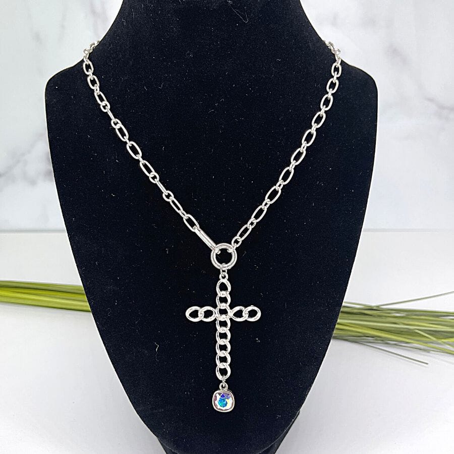 Pink Panache Silver Chain Cross Necklace with 8mm Silver/ AB Cushion Cut Connector Necklace PINK PANACHE 