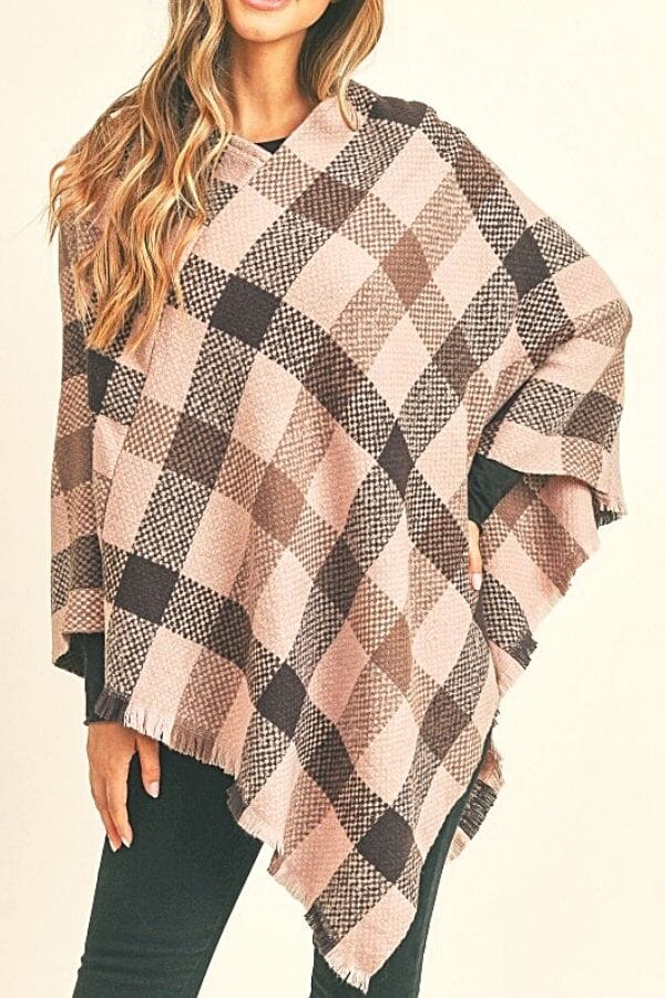 Pink Soft Knit Plaid Poncho With Fringe Hem Poncho Judson & Co 