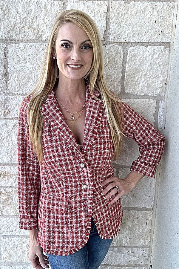Plaid Tweed Blazer & Pearl Buttons with Lining Umgee 