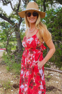 Red Linen Smocked Back with Self Tie Dress Dress Kori America 