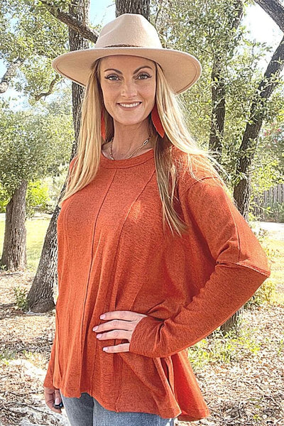 Rust Fleece Knit Top with Reverse Fabric Detail Shirts & Tops Umgee