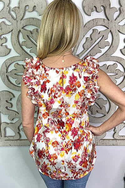 Satin Top with Ruffle Sleeves and Watercolor Floral Print Details Shirts & Tops Umgee