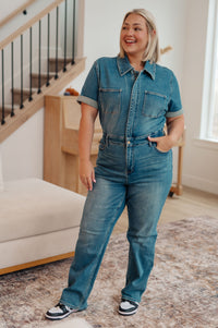 Sylvia Short Sleeve Denim Jumpsuit Womens Ave Shops 