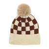 Taupe Soft Plush Checkerboard Beanie With Faux Fur Pom Hat Judson & Co